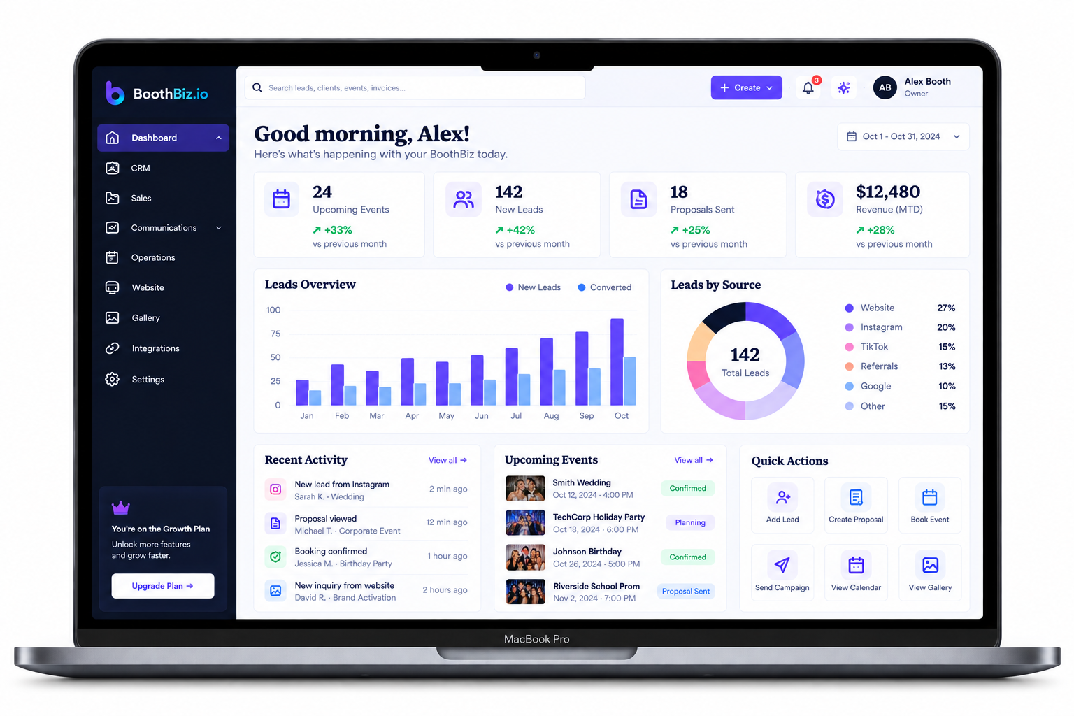 BoothBiz owner dashboard inside a laptop with bookings, revenue, new leads and charts